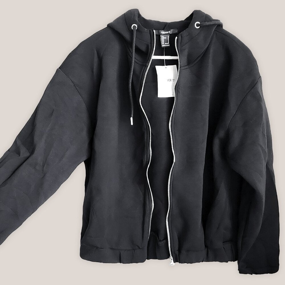NWT Forever 21 Black Zip Up Jacket with Hood | Athletic Casual Coat